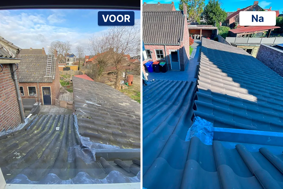 Pannendak voor en na het vervangen van de dakpannen